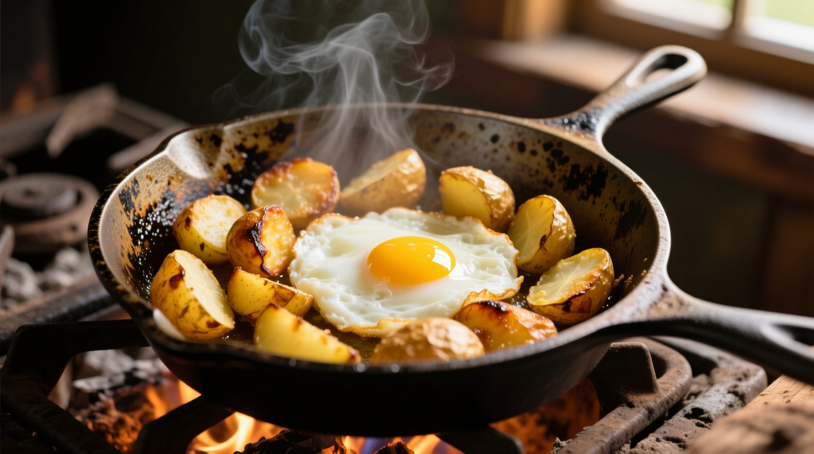 Golden potatoes and fluffy eggs in cast iron skillet