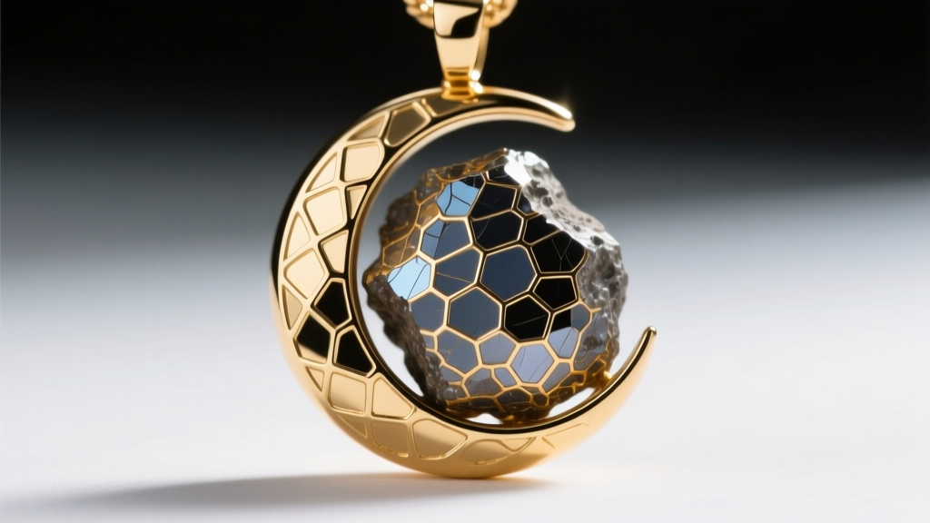 Close-up of a Gibeon meteorite inlay in a gold moon pendant, highlighting the intricate geometric Widmanstätten pattern details