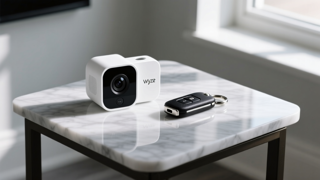 Side-by-side top-down view of a white Wyze Pan camera and a black Invisawear smart keychain resting on a marble entryway table
