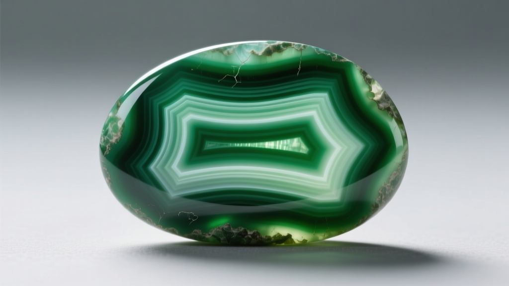 Macro photo of a natural banded green onyx cabochon showing distinct parallel layers illuminated by a bright jeweler's loupe light.