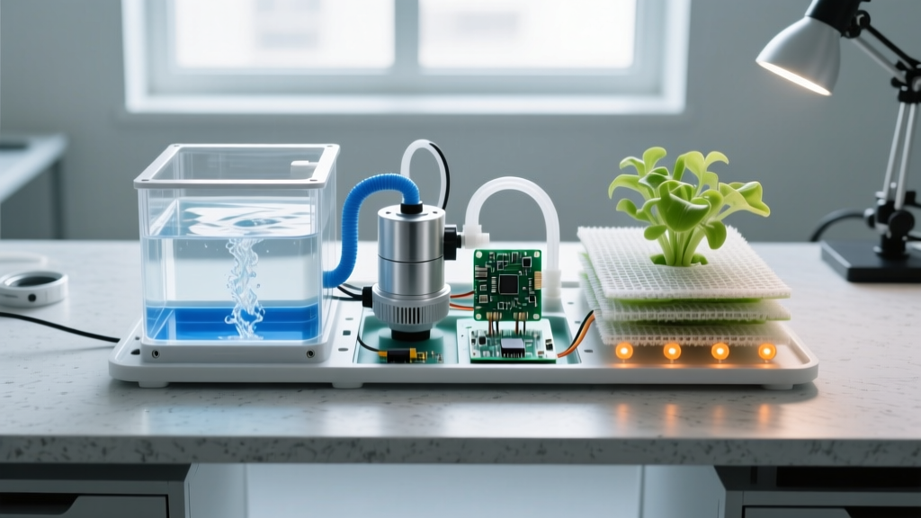 Disassembled compact hydroponic smart garden on a workbench, revealing internal water pump, LED driver, and wicking mats.