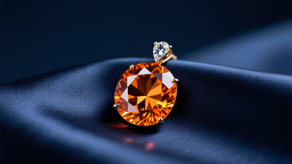 Vibrant mandarin orange spessartine garnet pendant resting on dark navy silk fabric, illuminated by soft studio lighting