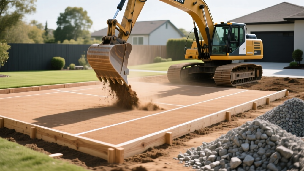 Excavator grading a flat rectangular dirt pad for a residential backyard tennis court base with wooden forms and gravel piles nearby