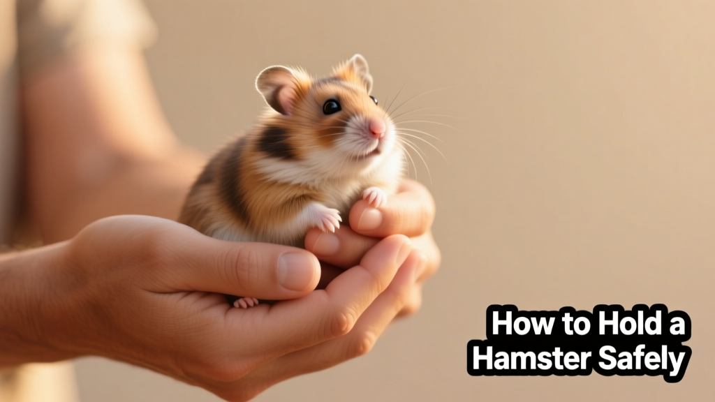A person gently cupping a calm Syrian hamster in both hands, with soft lighting and a clean background