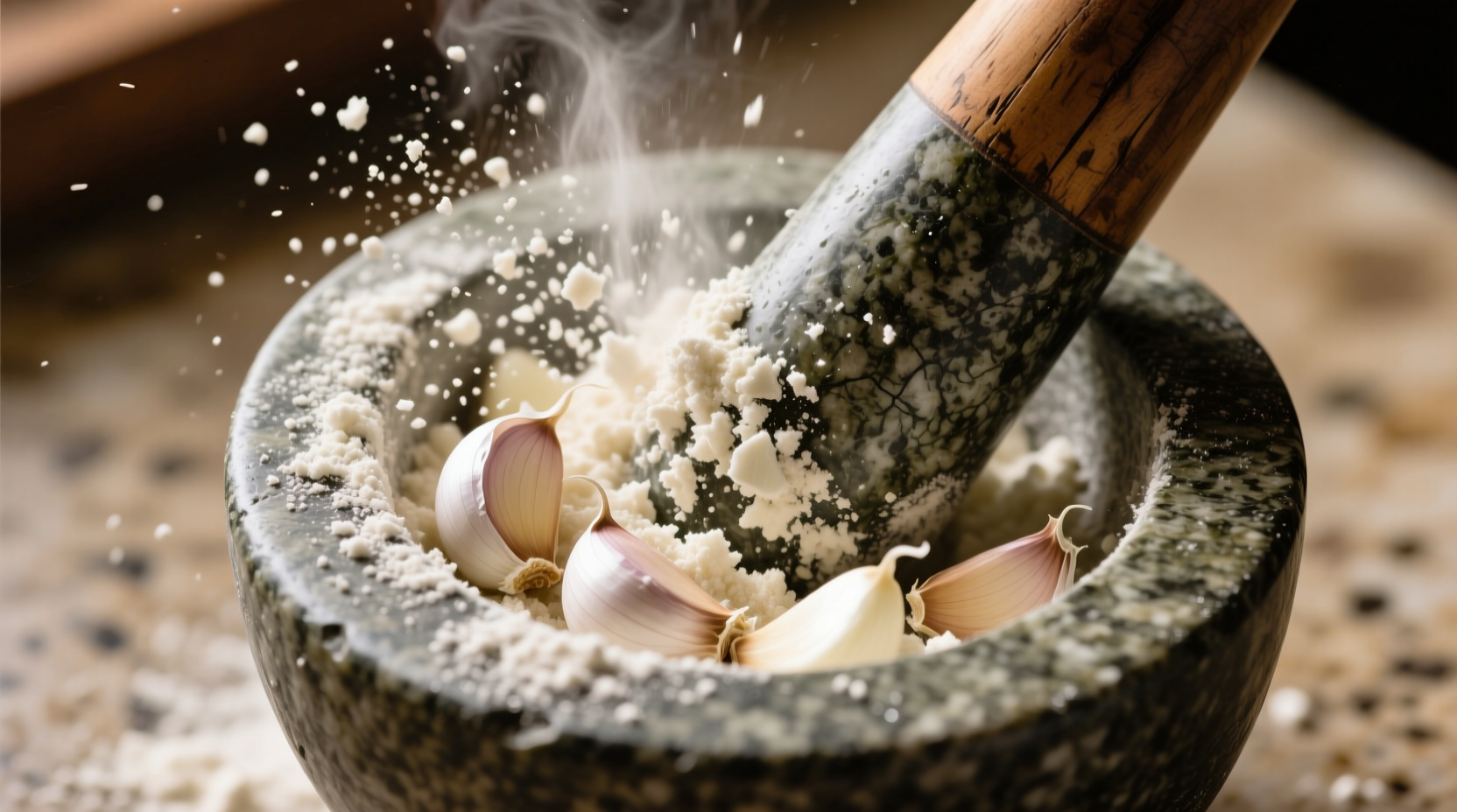 Fresh garlic cloves being ground into powder