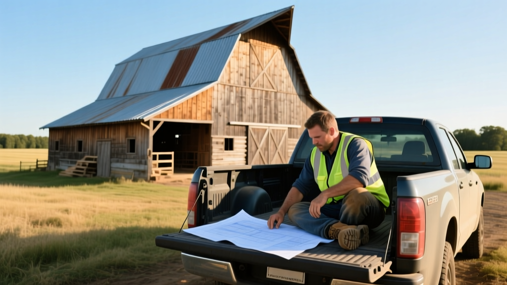 Framed timber barn with metal roofing on a rural site, contractor reviewing blueprints and loan documents on a truck tailgate