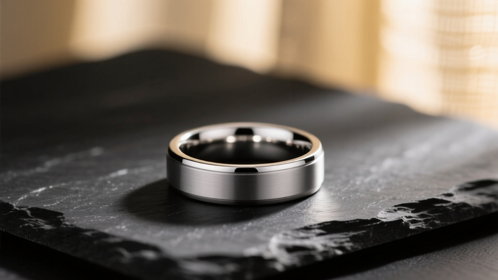 Polished titanium wedding band on dark slate, lit by soft lighting to highlight its cool grey luster and flawless finish.