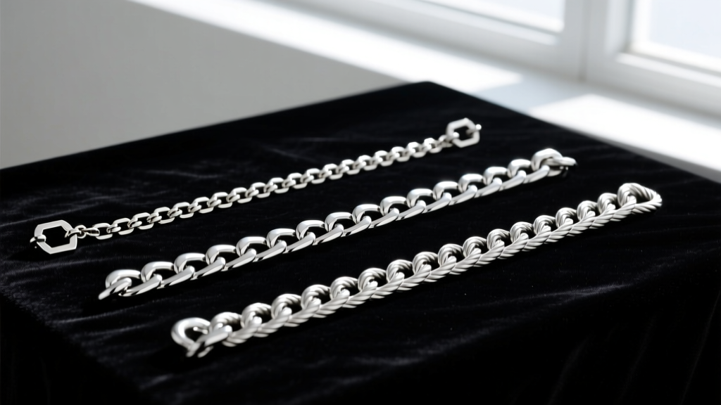 Flat lay of three chain lengths on black velvet: an 18-inch box chain, a 22-inch curb chain, and a 24-inch cable chain.