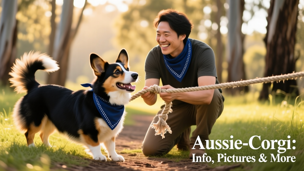 A smiling owner kneeling beside their Aussie-Corgi on a grassy trail, both wearing matching blue bandanas, mid-play with a tug rope