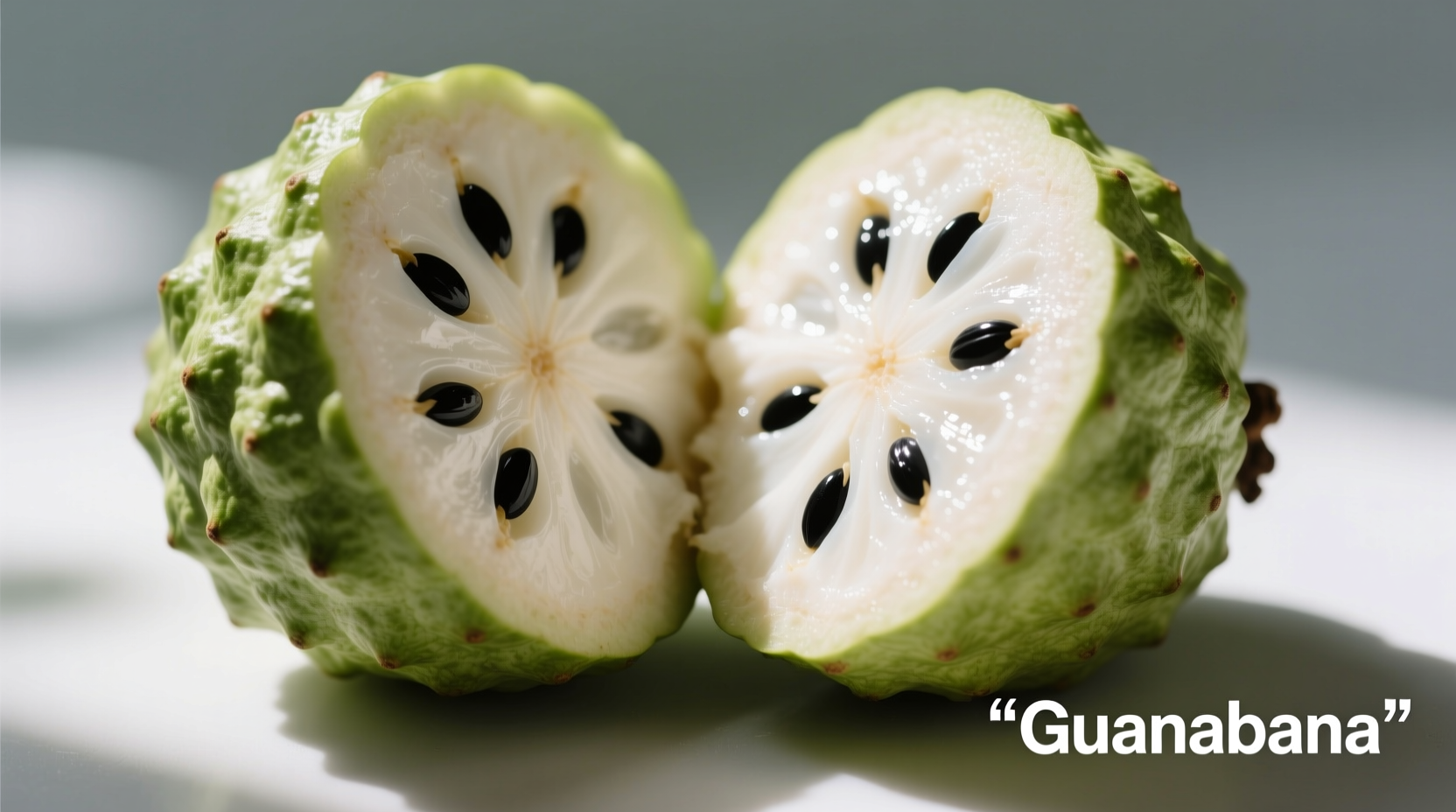 Ripe guanabana fruit cut in half showing white flesh