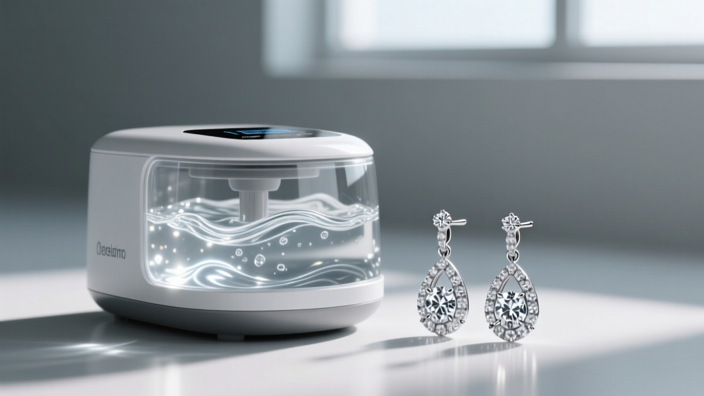 Digital ultrasonic jewelry cleaner vibrating with water, next to a pair of platinum drop earrings with pavé diamond settings.