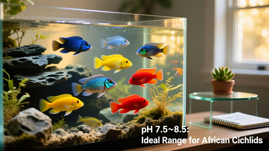 A vibrant community of African cichlids swimming in a well-maintained aquarium with rocky aquascape and clear water