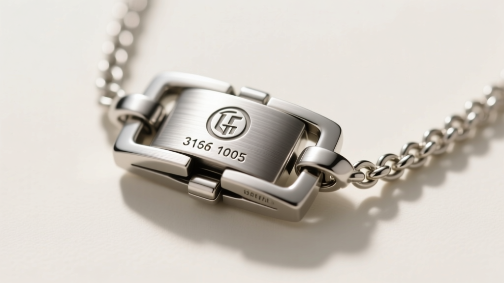 Macro shot of a 316L surgical stainless steel Qlink necklace chain clasp, showing the brushed metal finish and laser engraving.