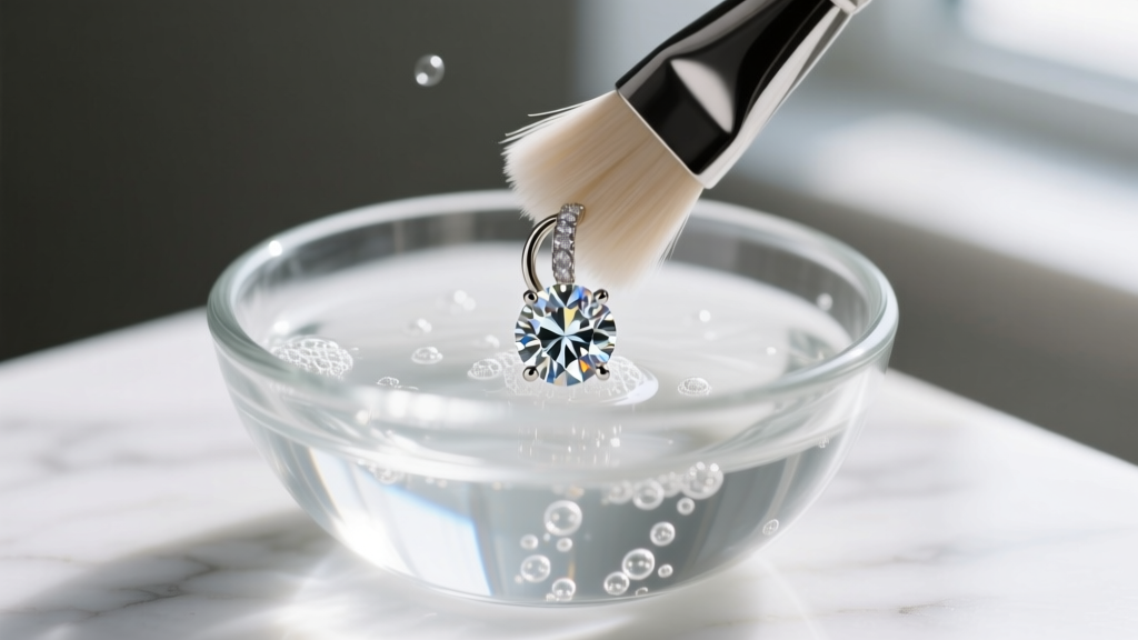 Soft-bristled jewelry brush gently scrubbing a diamond huggie earring submerged in mild soapy solution inside a clear glass bowl
