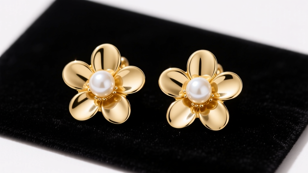 Gold-tone Kate Spade flower earrings with white faux pearls resting on a dark velvet jewelry repair mat under bright studio light
