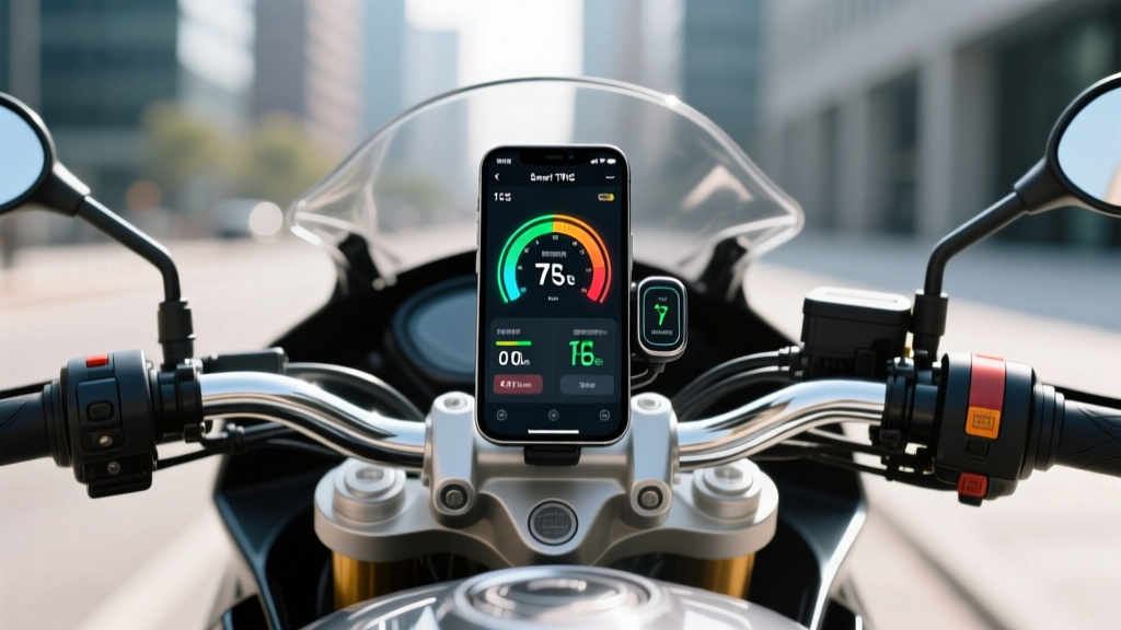 A smartphone mounted on a motorcycle displaying real-time tire pressure and temperature telemetry data from a smart TPMS sensor.