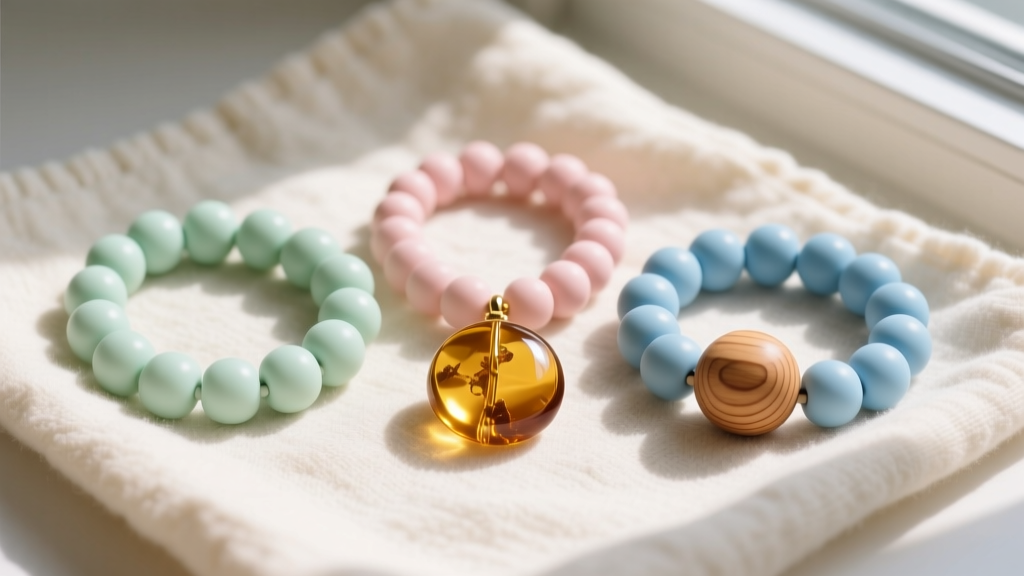 Overhead flat lay of three baby teething necklaces on a blanket: silicone beads, polished amber, and maple wood in natural light