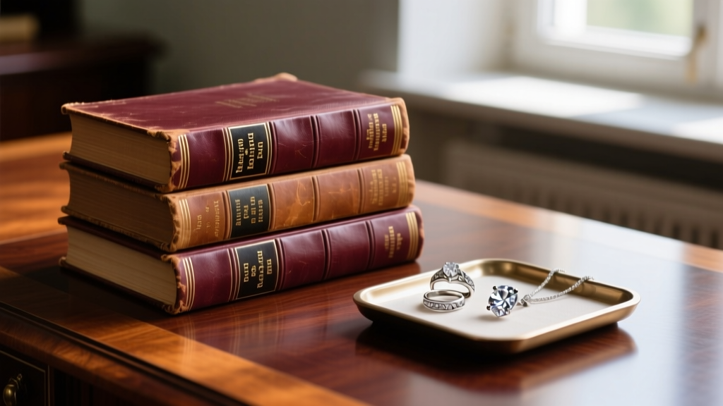 A stack of European law books on a mahogany desk beside a jeweler
