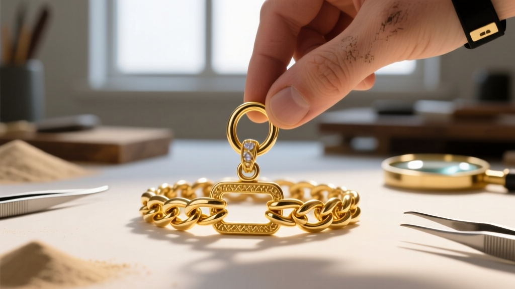 Macro shot of a 14k gold box chain clasp and jump ring, showing a jeweler