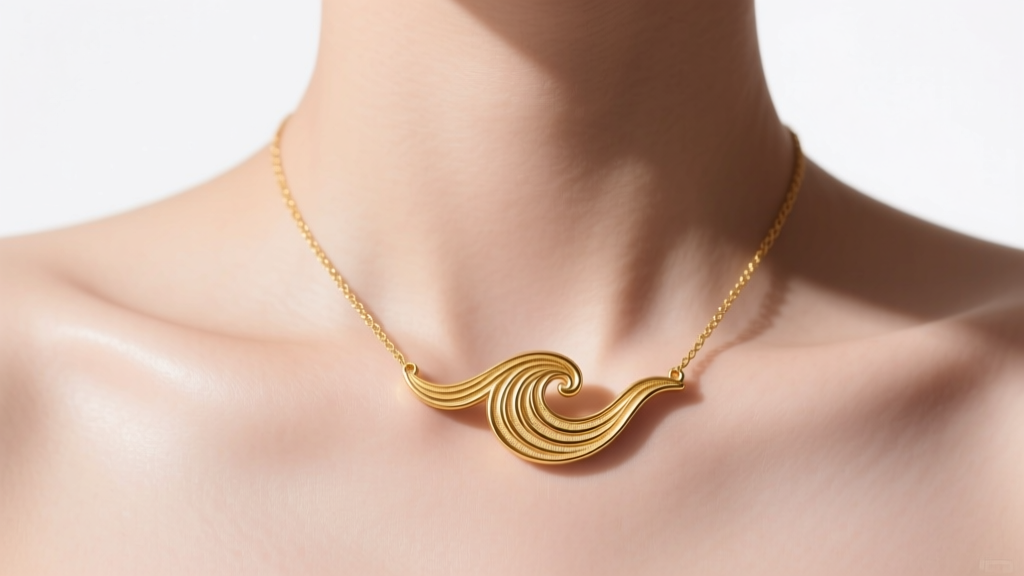 Collarbone with a Japanese wave tattoo, layered with a 16-inch 14k gold seigaiha pendant necklace in soft natural studio lighting