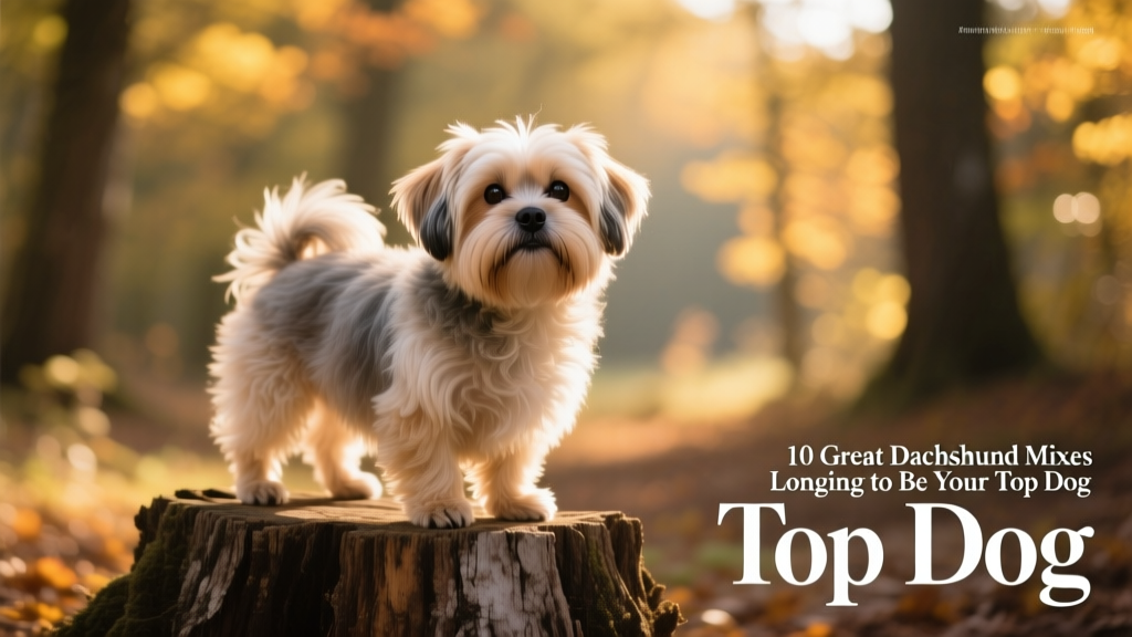 fuzzy schweenie standing on a tree stump