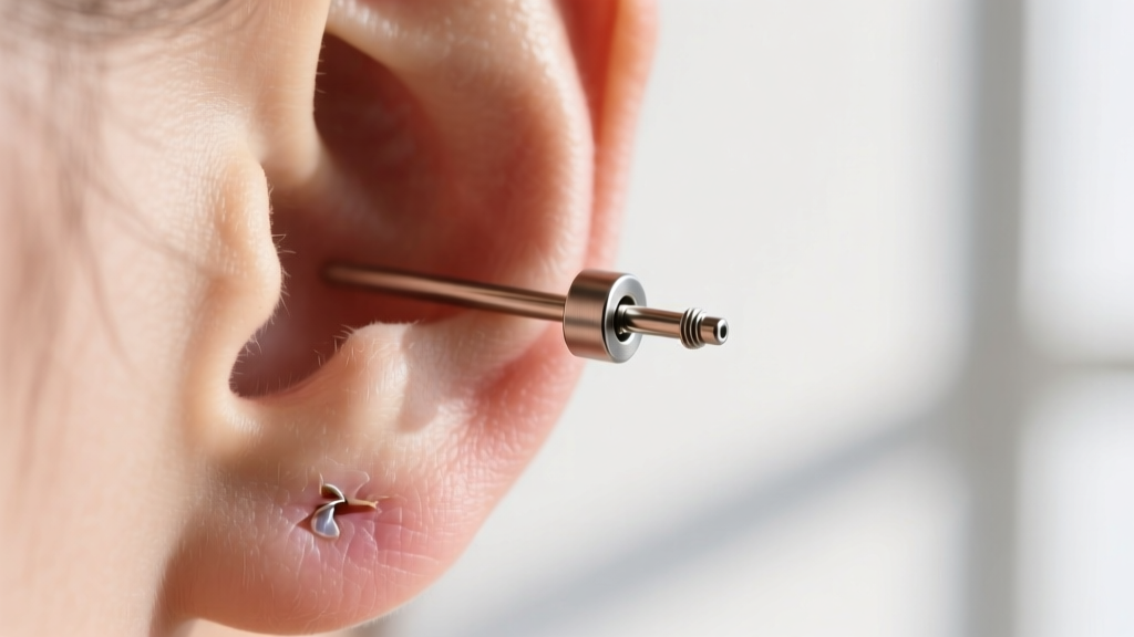 Macro shot of an 18-gauge threadless titanium earring post in a healed lower lobe piercing, showing the bent pin locking mechanism.