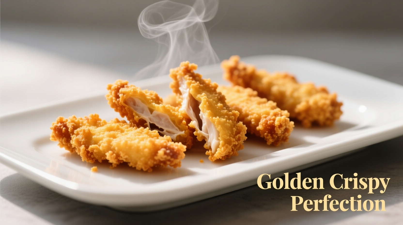 Perfectly cooked golden air fryer chicken fingers on white plate