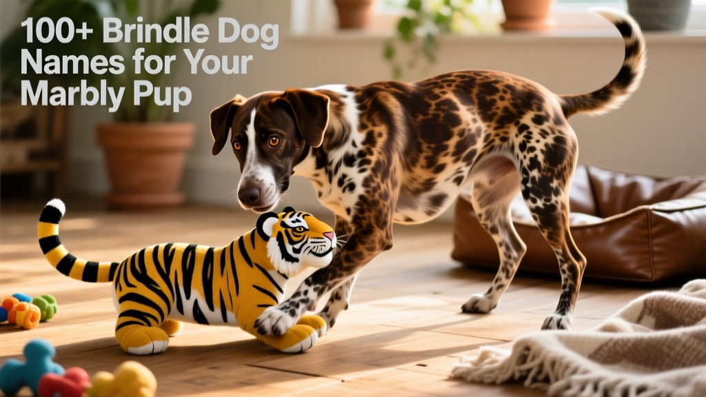 Brindle dog playfully interacting with a striped toy tiger, highlighting coat similarity