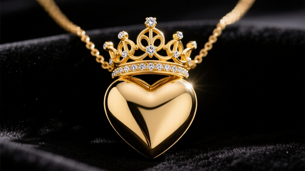 14k yellow gold heart and crown necklace on dark velvet, showing the prong-set crown resting atop a smooth heart pendant.