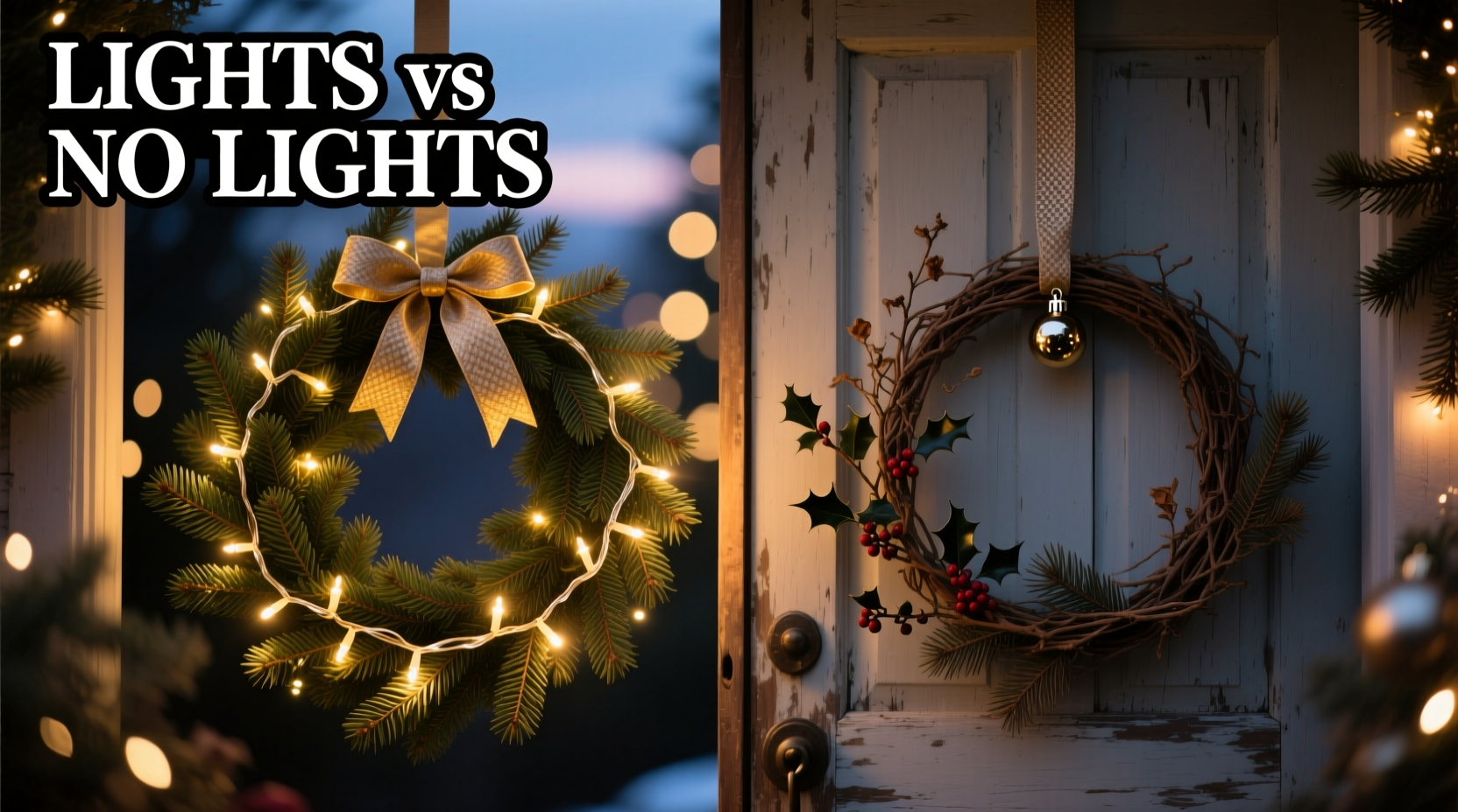 christmas wreath with lights vs without which makes a bigger statement