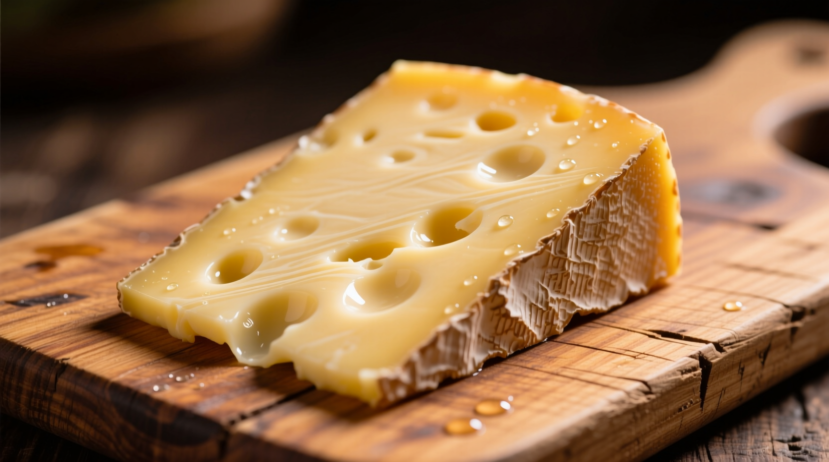 Slice of creamy havarti cheese on wooden board