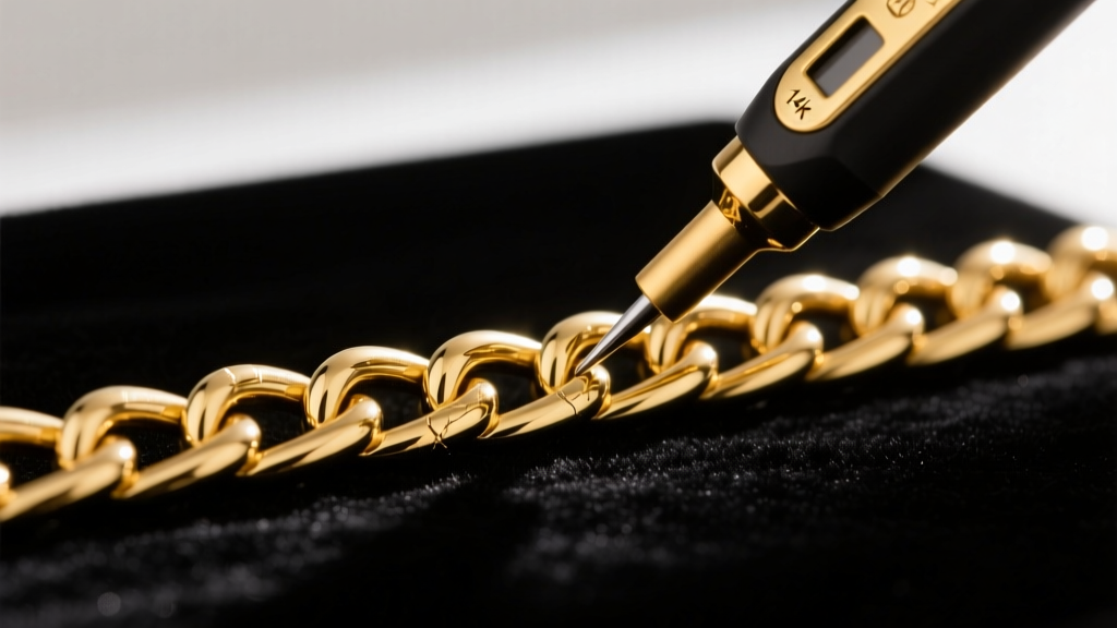 Electronic gold tester probe touching a thick 14k gold chain link resting on a dark velvet jeweler's mat in a dimly lit room
