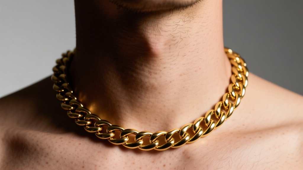 Close-up of a man's neck wearing a 22-inch 14k yellow gold Cuban link chain, highlighting link articulation under studio lighting.