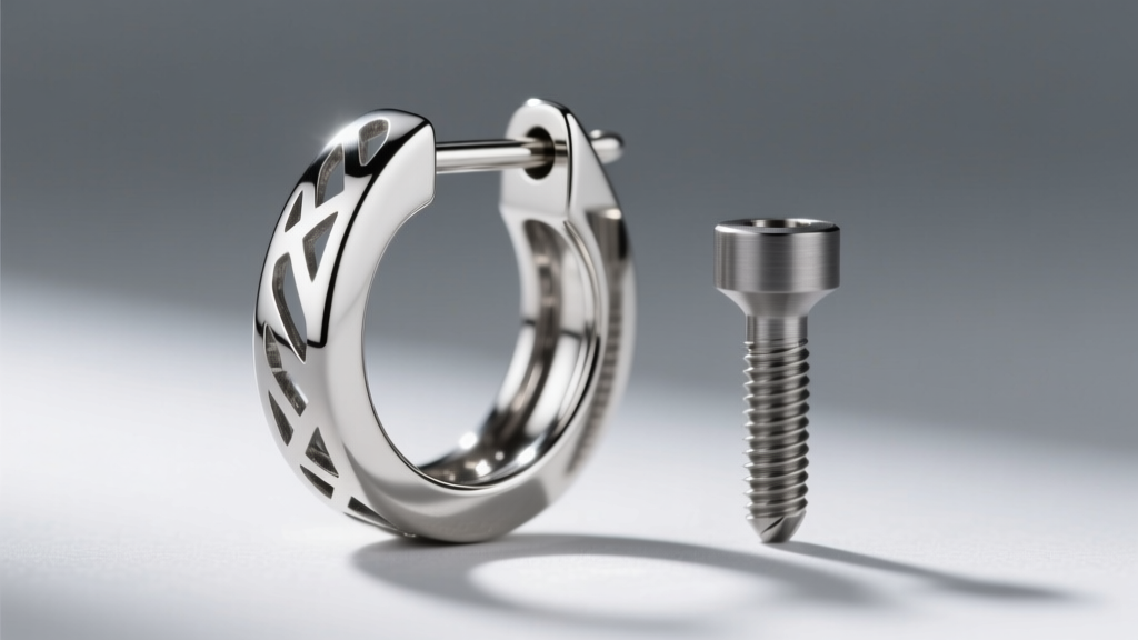 Extreme close-up of a laser cut 316L stainless steel earring edge showing smooth tumble-polished finishing next to a titanium post