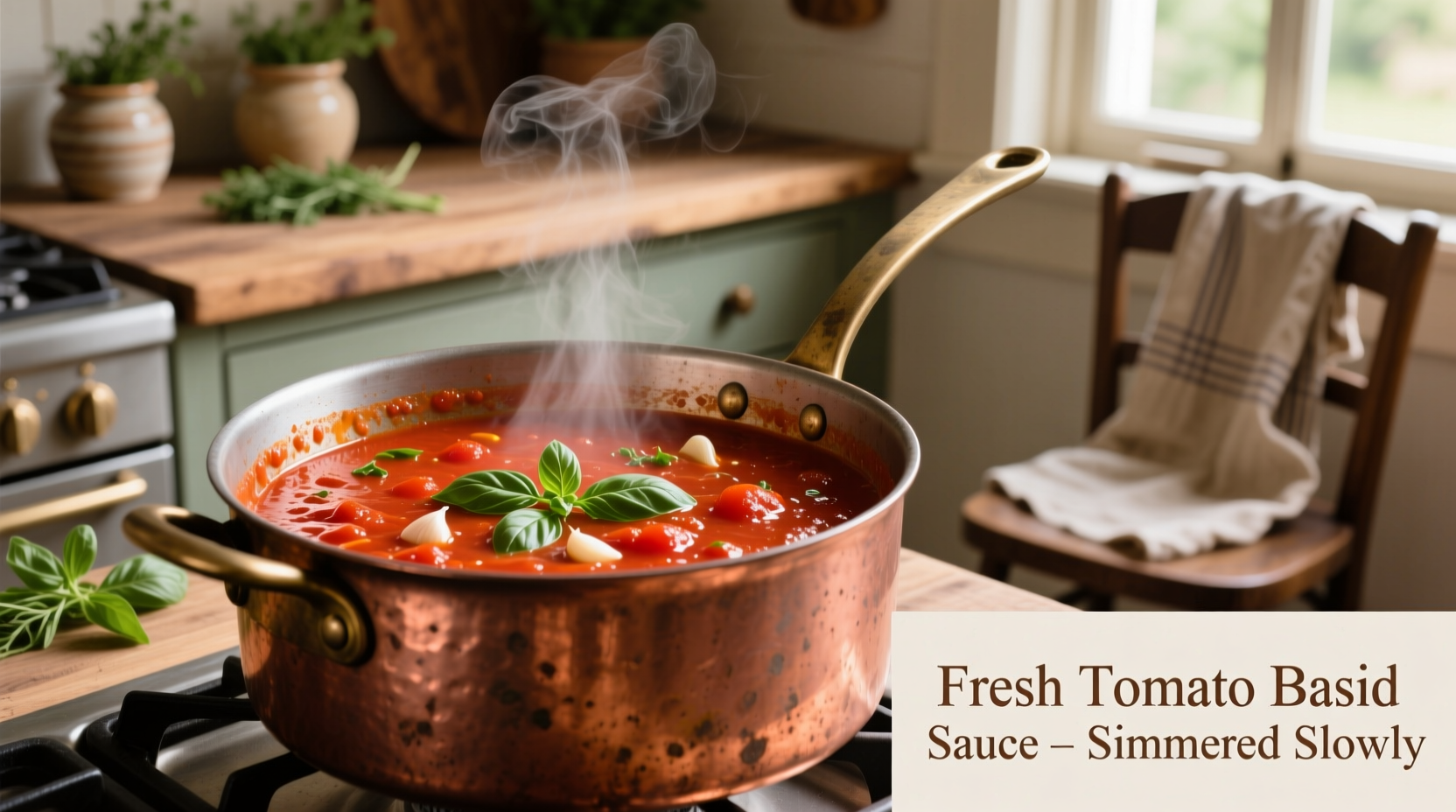 Fresh tomato basil sauce simmering in copper pot