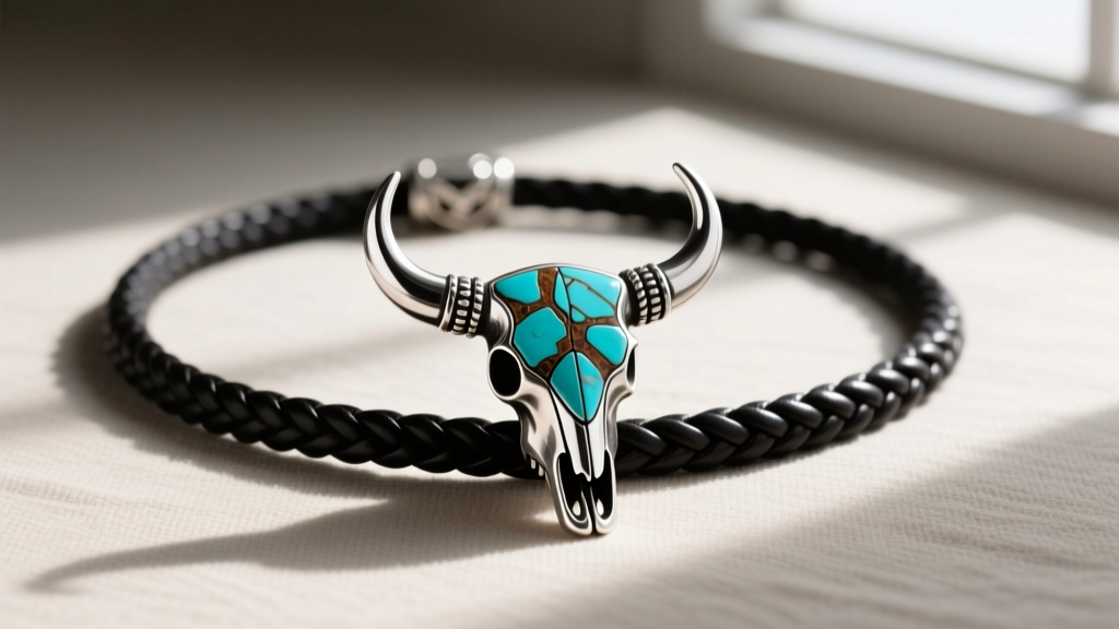 925 sterling silver cowboy necklace with a bull skull pendant and natural turquoise inlay resting on a dark braided leather cord