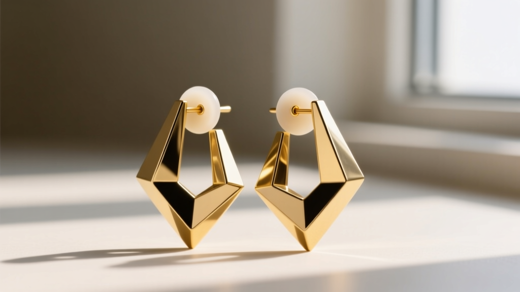 Macro shot of heavy geometric brass statement earrings, showing a clear silicone support patch hidden just behind the earlobe.