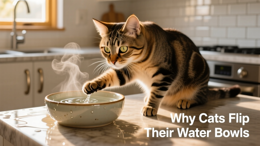 Close-up of a curious cat gently pawing at a wide, shallow water bowl on a quiet countertop