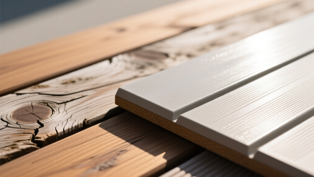 Close-up of weathered ipe hardwood decking boards next to pristine capped composite decking, highlighting grain texture and polymer cap edges in bright sunlight