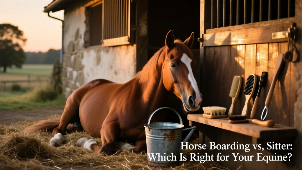 A serene rural stable scene at dusk: a horse resting comfortably in its familiar stall, with soft lighting and visible hay, water bucket, and grooming tools nearby
