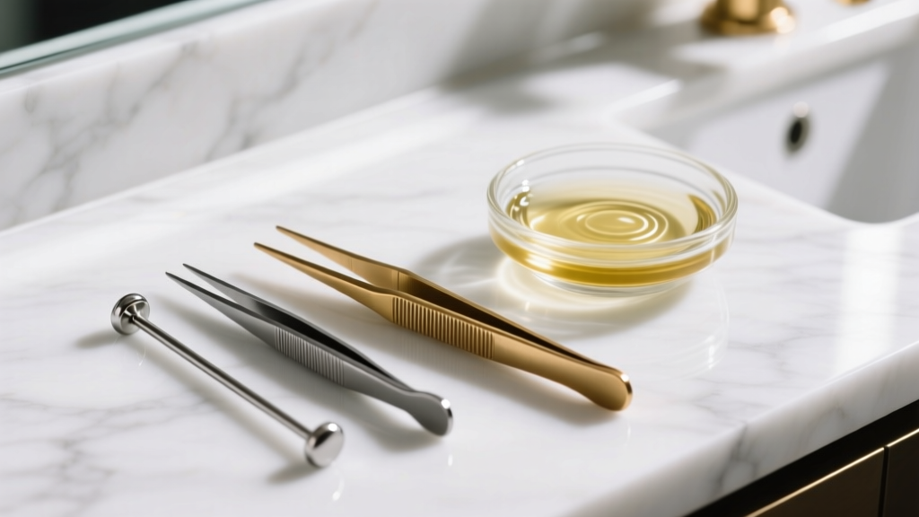 Close-up of steel t-pins and brass-tipped tweezers next to a small glass dish of mineral oil on a white marble vanity surface