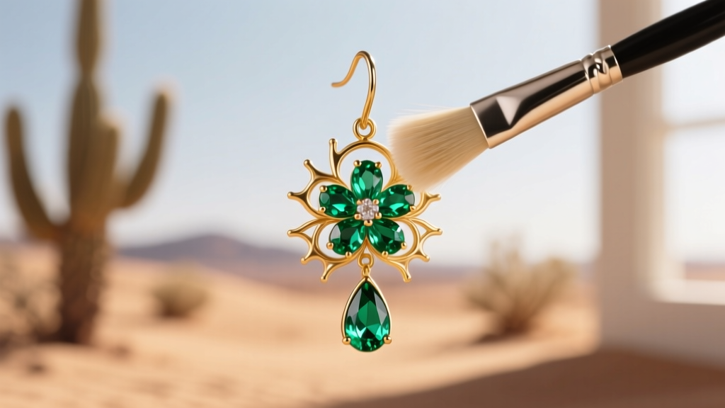 Soft brush gently cleaning intricate gold spines and tsavorite gemstone flowers on a detailed desert botanical drop earring.