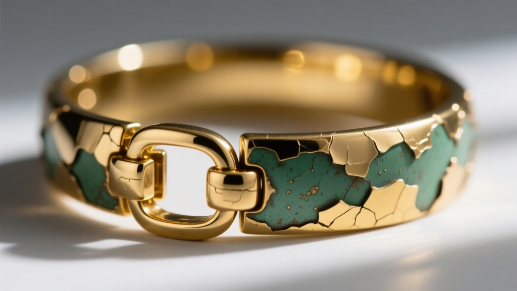 Macro shot of a brass liquid metal choker with peeling PVD gold plating at the clasp, showing the dull green base metal beneath