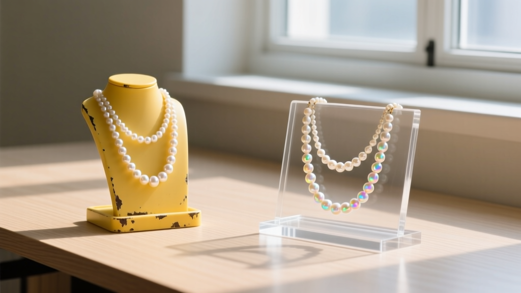 Side-by-side view of a yellowed PVC stand and a clear cast acrylic holder displaying delicate pearl necklaces on a light wood desk