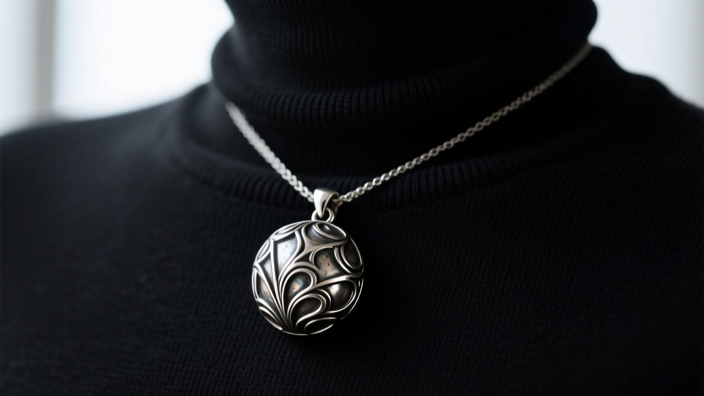 Oxidized silver mini bas relief orb pendant on a dark turtleneck, highlighting sculptural metal textures and deep shadows.