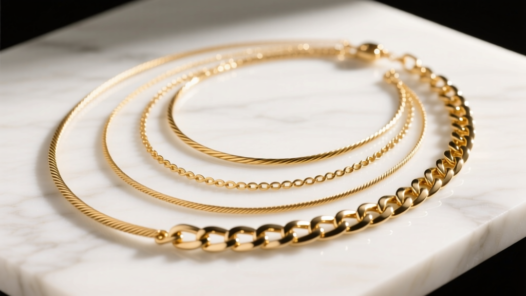 Layered gold necklaces on white marble, featuring thin cable and thick curb chains illuminated by soft, warm studio lighting.