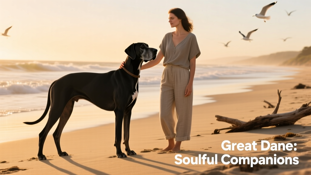 Great Dane standing on beach with woman