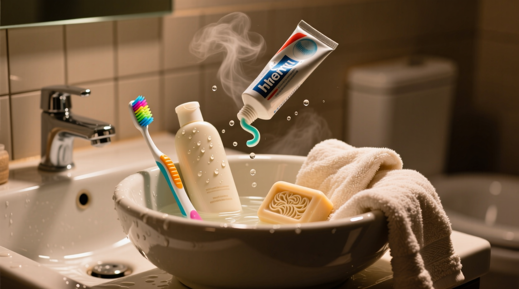 use everyday toiletries in a basin to mask bathroom sme