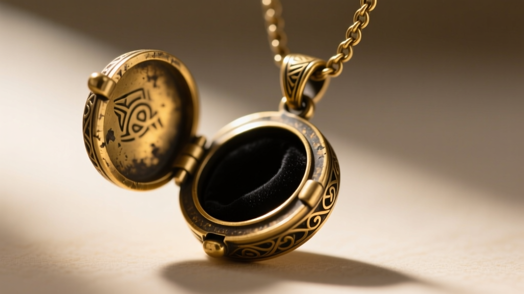 Macro photo of an antique brass poison necklace pendant with a tiny hinged compartment open, revealing a dark velvet interior.