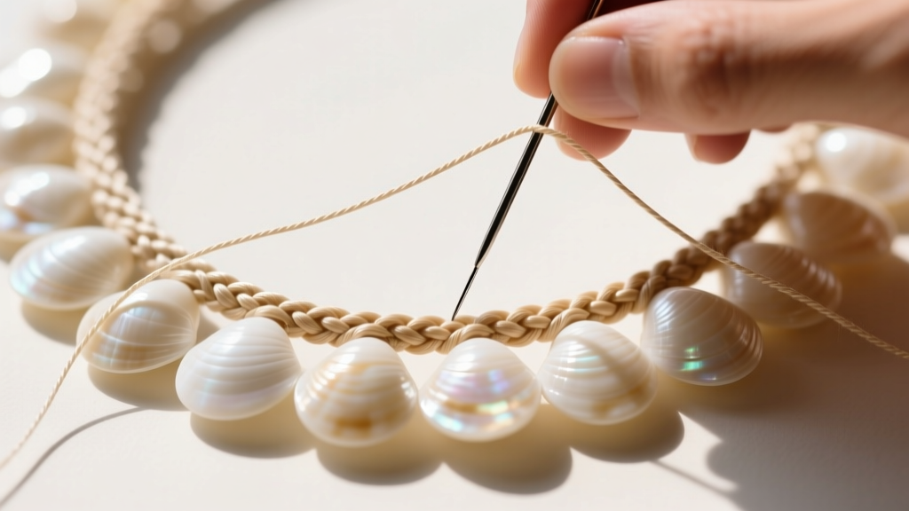 Top-down view of restringing a Hawaiian lei necklace with 0.4mm braided nylon thread, a beading needle, and white laiki shells